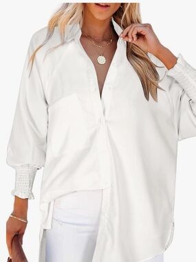 NWT LEMAFER white button down long sleeve detailed boyfriend shirt, size XL